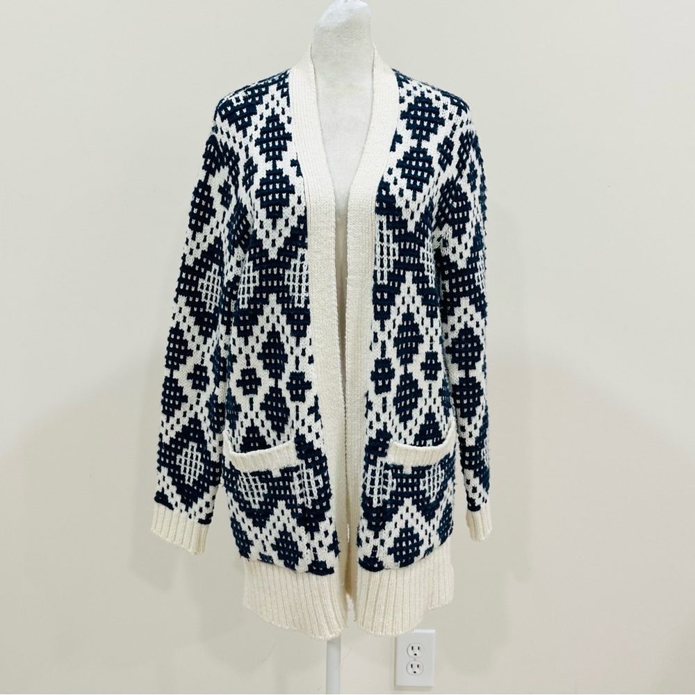 Open-Front Ivory and Black Patterned Women's Cardigan Sweater